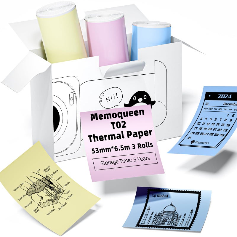 Memoqueen T02 Pink/Yellow/Blue Thermal Paper  Non-Adhesive Color Paper Printer Paper  Compatible with T02 M02X  2.08"" x 21.3' (53mmx 6.5m/roll)  Black Text  Keep for 5 Years  3 Rolls - Image 1